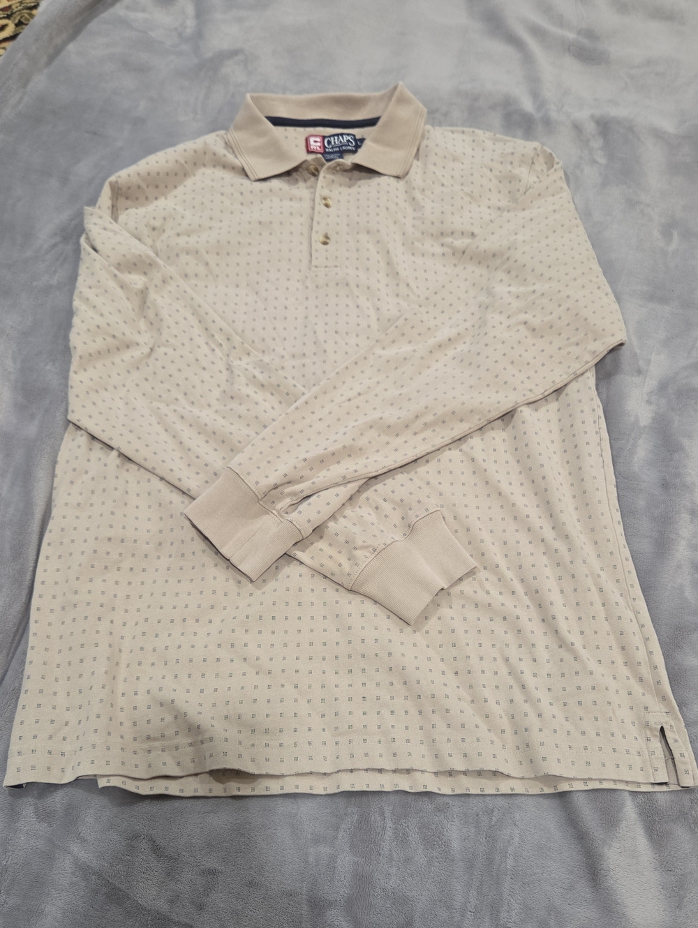 Chaps Men’s Long Sleeve Polo in Light Beige with Subtle Dot Pattern